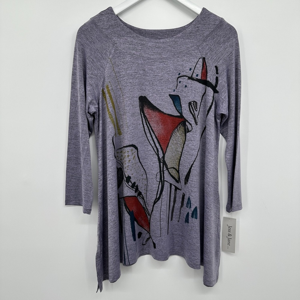 Jess & Jane‎ Tunic Shirt Medium Artsy Stretch Slinky Statement Indie Whimsy New